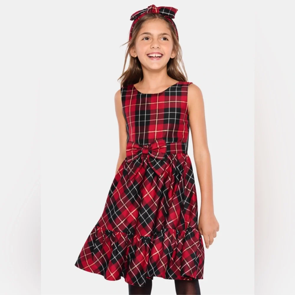 The Children's Place Girls Plaid Satin Tiered Fit & Flare Party Dress Size 6 NWT